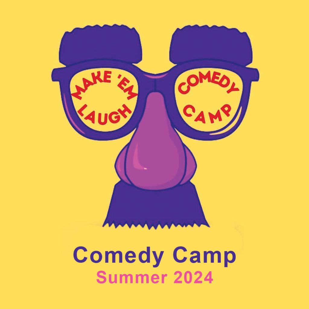 cartoon image of face with exaggerated nose with glasses and bushy eyebrow. Classic Comedy Camp $500.00  Ages: 9-14 (3rd-8th grade) Dates: (1 week) June 17 – June 21, 2024 Times: 9AM – 2PM